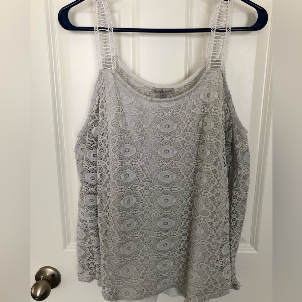 Charlotte Russe Ivory Lace Long Sleeve Shoulder Top, Size Medium